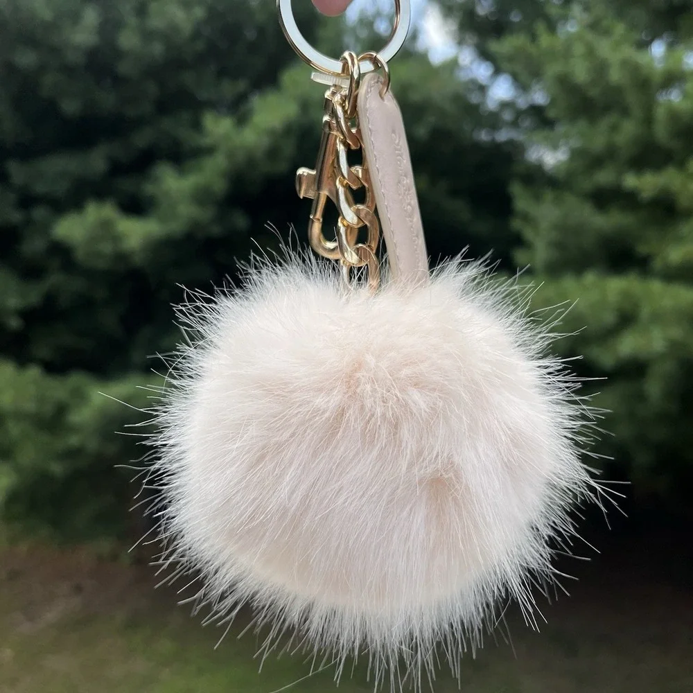Mark & Graham Pom Pom Keychain Bag Charm Removeable Monogram Ivory Gold Hardware